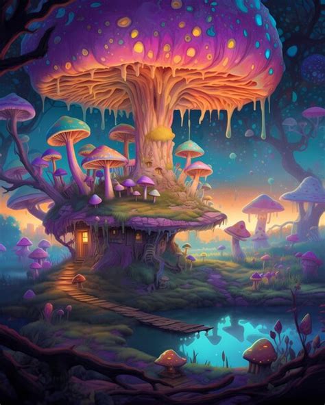 Premium AI Image A Painting Of A Mushroom House With A Purple Roof