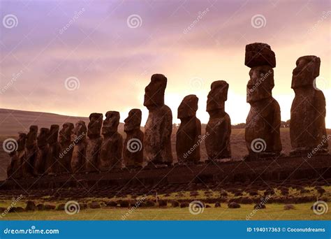 Massive 15 Moai Stone Statues Of Ahu Tongariki Ceremonial Platform At