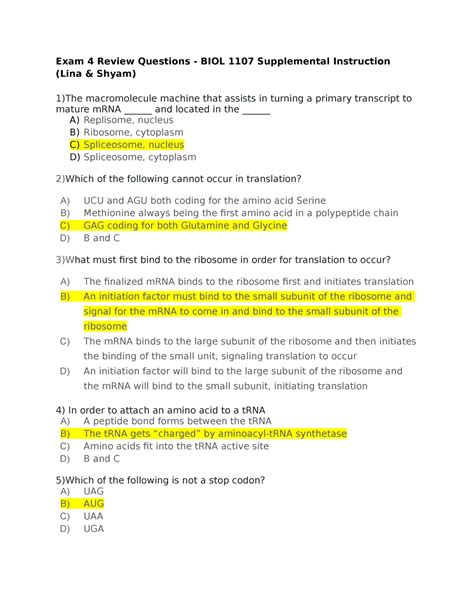 BIOL 1107 Exam 4 Review Questions Key Exam 4 Review Questions BIOL