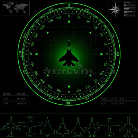 Schermo Radar Verde Sopra La Mappa Del Mondo Illustrazione Vettoriale