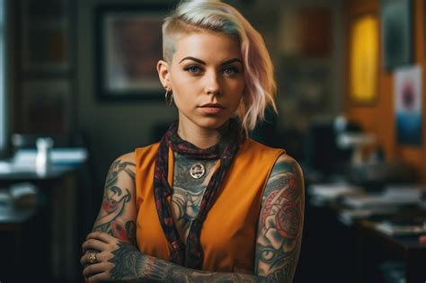 Premium Photo A Tattooed Woman With Blonde Short Haircut Standing In