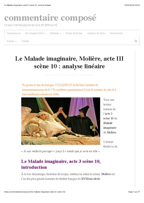 Le Malade Imaginaire Acte Sc Ne Lecture Lin Aire Le Malade