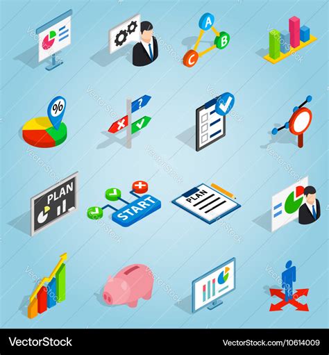 Business Plan Set Icons Isometric 3d Style Vector Image