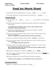 Food Inc Movie Sheet With Answers Doc English Name Country Of