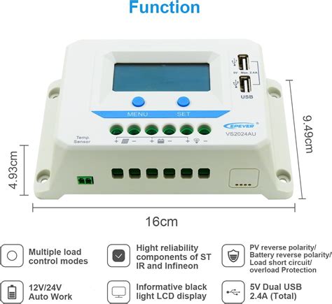 Buy Epever Solar Charge Controller 20a With Dual Usb Ports Vs2024au Pwm Charging 12v 24v Auto