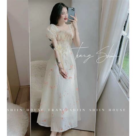 Đầm váy nữ dáng dài maxi váy nữa lụa hoa xinh với tone trắng nude nhẹ