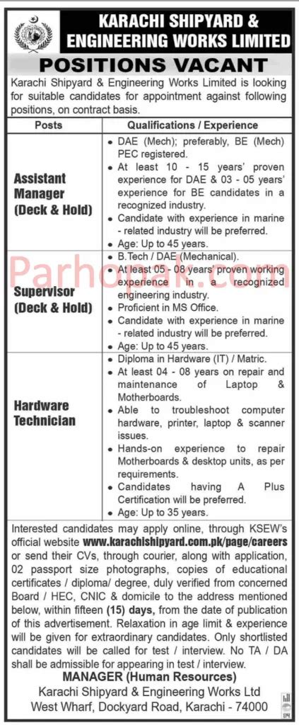 Karachi Shipyard And Engineering Works Limited KSEW Jobs 2022 Online Apply