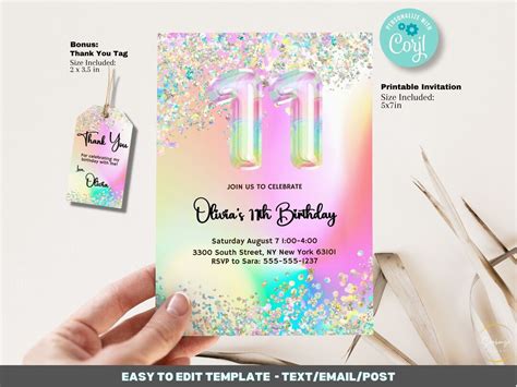 Editable 11th Birthday Invitation Template Printable Glitter