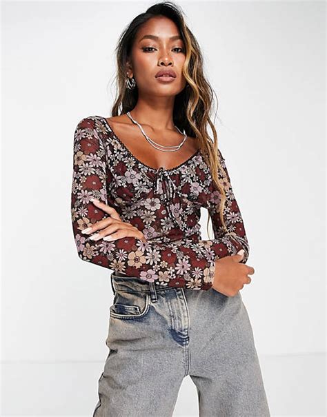 Topshop Mesh Picot Trim Floral Top In Multi Asos