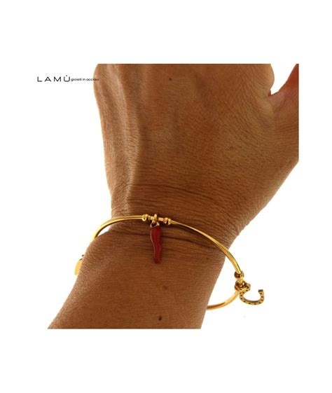 Bracciale Rigido Oro Con Corna Ferro Di Cavallo E Cornetto Rosso