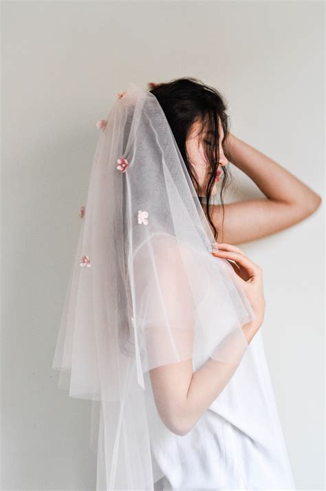 Double Short Bridal Veil Floral Wedding Veil Pink Wedding Veil Veil With Flowers For Bridal