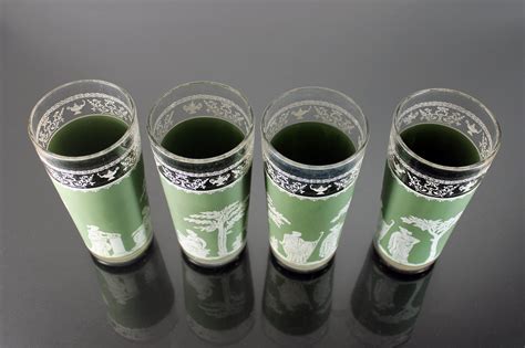 Jeanette Glass Flat Tumblers Hellenic Green 16 Ounce Drinking Glasses