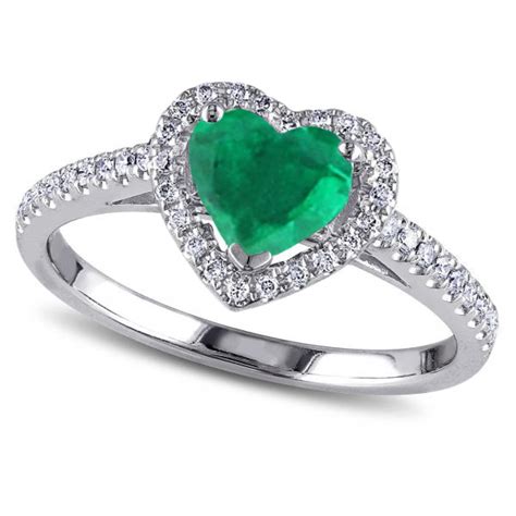 Heart Shaped Emerald And Diamond Halo Engagement Ring 14k White Gold 1