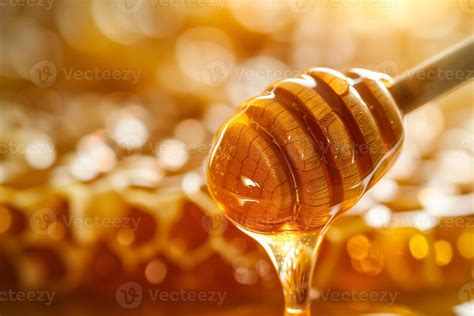 Ai Generated Natural Golden Honey Dripping From Wooden Dipper Closeup