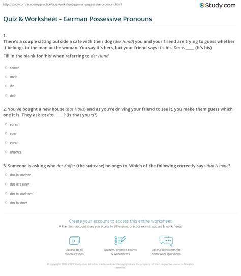 Quiz & Worksheet - German Possessive Pronouns | Study.com