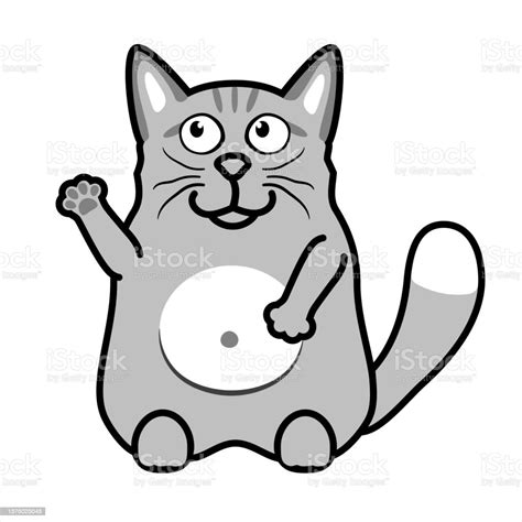 Funny Fat Cat On Hind Legs For Greeting Card Design Tshirt Print Or Poster Gray Cat With White