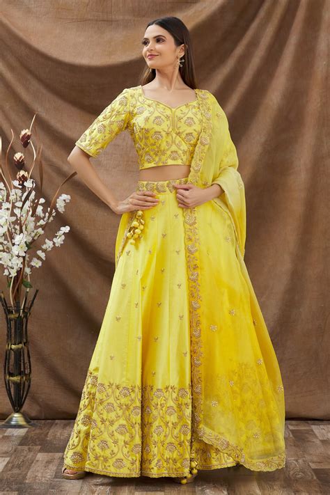 Buy Surbhi Shah Yellow Pure Spun Silk Floral Embroidered Lehenga Set