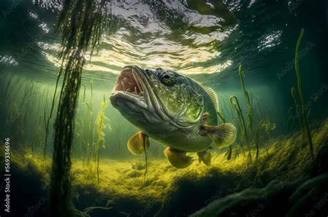 Predatory Fish Largemouth Bass In Habitat Under Water Looking For Prey