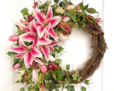 Real Touch Stargazer Lily And Tulip Spring Wreath Easter Door Deco