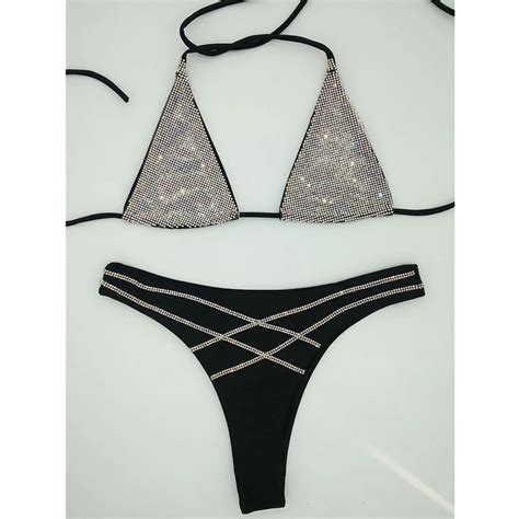 2018 Shining Triangle Halter Bandage Bikini Set Crystal Backless