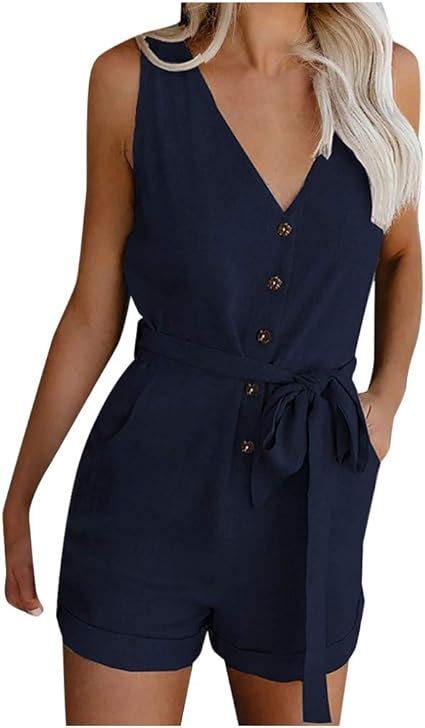 Damen Sommer Kurz Jumpsuit Elegant Schulterfrei Overall Knöpfe Playsuit