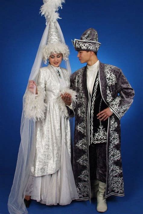 Kazakh Couple In Traditional Wedding Attire National Clothes