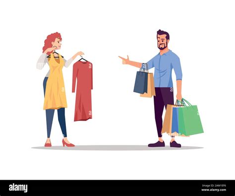 People choosing clothes flat vector illustration. Family couple ...