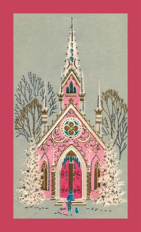 A Painting Of A Pink Church With Trees In The Foreground And A Person