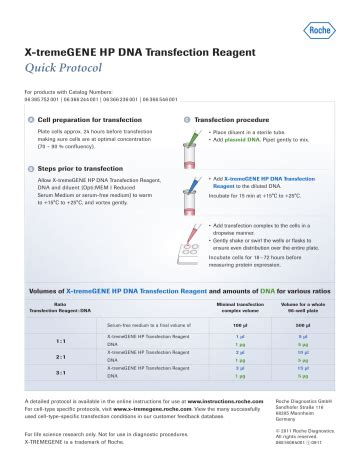 X Tremegene Hp Dna Transfection Reagent Quick Reference Guide Manualzz