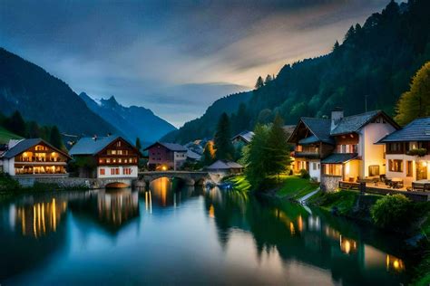 Photo Wallpaper The Sky Mountains River House Village Night River