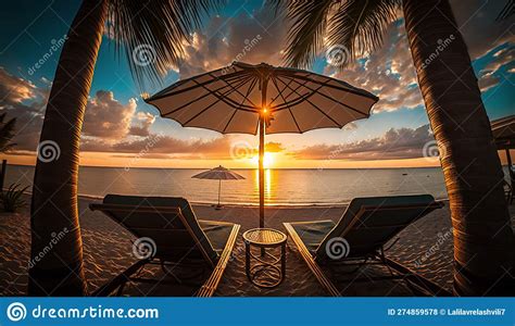 Tropical Sunset Scenery Two Sun Beds Loungers Umbrella Under Palm