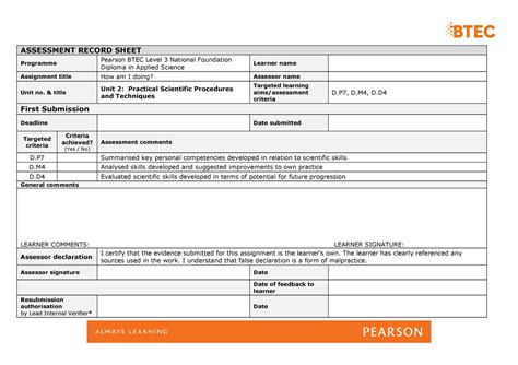 Btec Assessment Record 2d Assessment Record Sheet Programme Pearson Btec Level 3 National