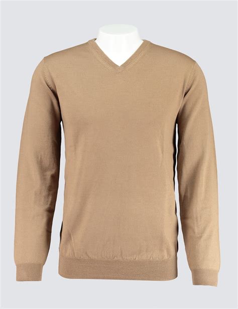 Mens Camel V Neck Merino Wool Jumper Slim Fit Hawes And Curtis