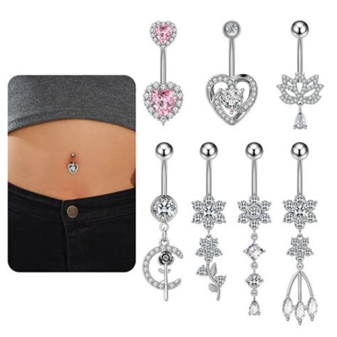 Zircon Crystal Pendant Belly Button Rings Stainless Steel Heart Navel