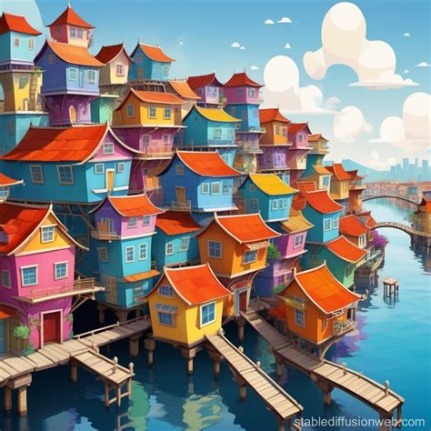 Cartoonish City Built On Stilts Over Water The Buildings Are Connected