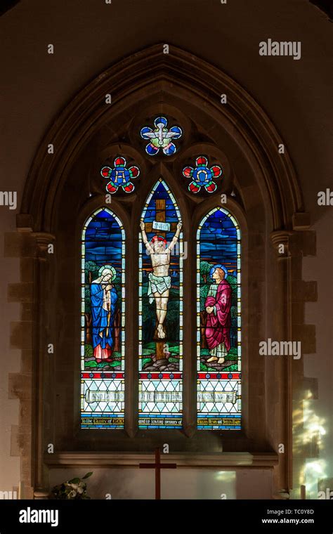 Stained Glass Window Of Jesus Christ Crucifixion Hullavington Church Wiltshire England Uk C