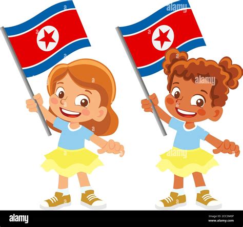 North Korea flag in hand. Children holding flag. National flag of North ...