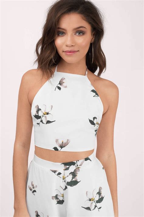 Floral Interest Halter Crop Top In White Multi 9 Tobi Us