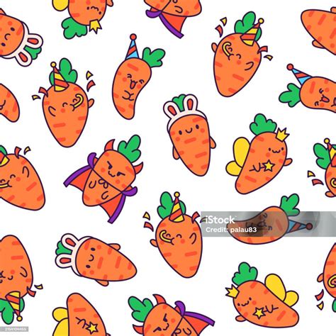 Kawaii Carrot With Funny Faces Seamless Pattern Cute Cartoon Happy Food