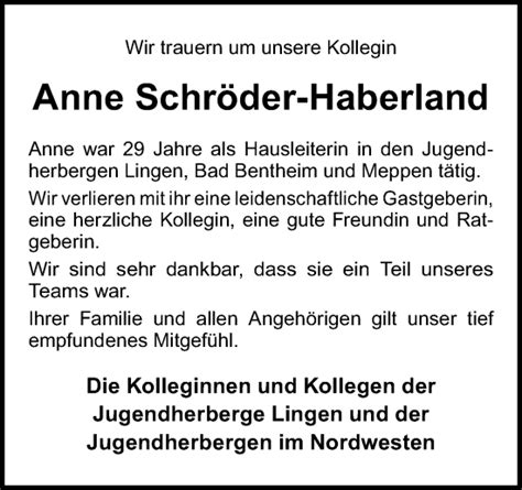 Traueranzeigen von Anne Schröder Haberland noz Trauerportal