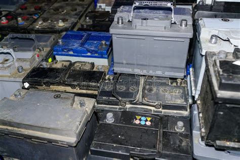 Pallet With Many Used Car Batteries For Recycling Stock Photo Image