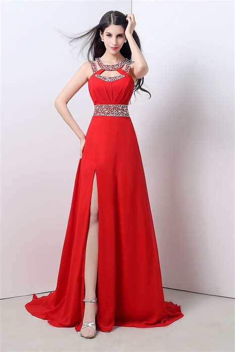 A Line Cut Outs High Slit Long Red Chiffon Beaded Prom Dress With Straps