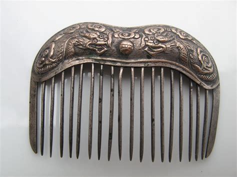 Antique Vintage Chinese Silver Hair Comb With Dragons