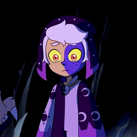 An Animated Image Of A Woman With Yellow Eyes And Purple Hair Standing