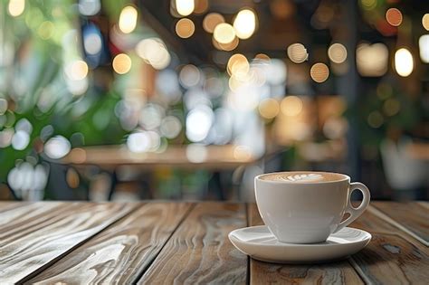 Hot Coffee Cup On Wood Table In Cafe Premium AI Generated Image