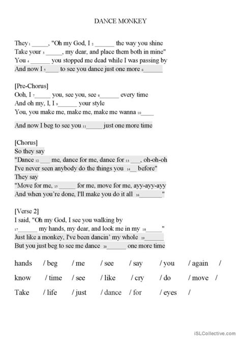 DANCE MONKEY song worksheet song and…: English ESL worksheets pdf & doc