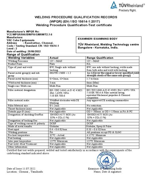 Welding Procedure Qualification Records Wpqr En Iso 15614 1 2017 Welding Procedure