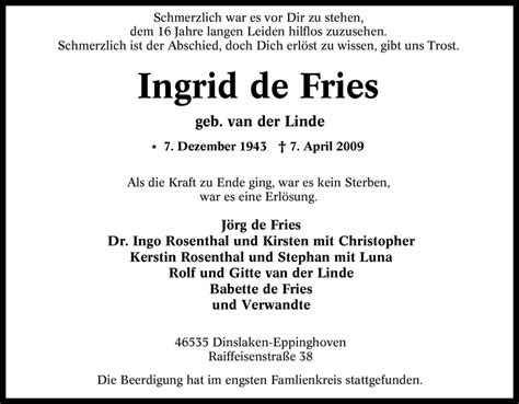 Traueranzeigen Von Ingrid De Fries Trauer In Nrw De