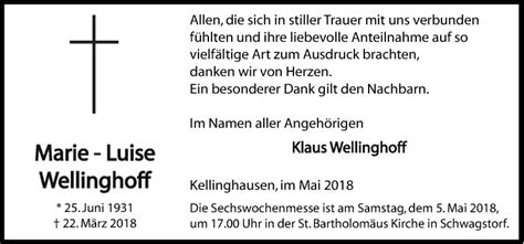 Traueranzeigen Von Marie Luise Wellinghoff Noz Trauerportal