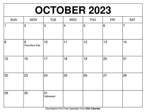 Printable Monthly Calendar October 2023